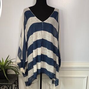 NWT Free People Navy White Striped Sheer Knit Bat Wing Oversized Sweater M/L